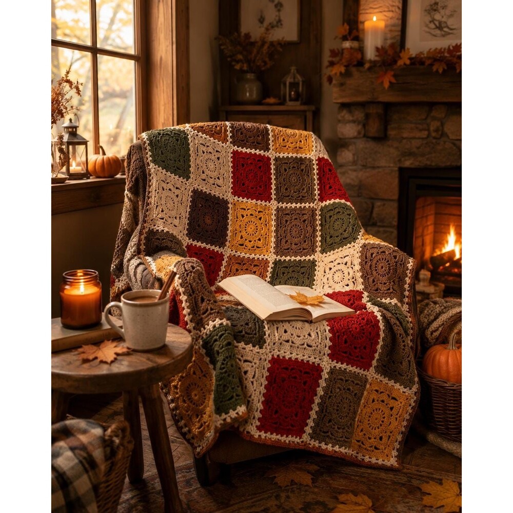 Willow Granny Square Crochet Throw Blanket – Cozy Boho Fall Colors 60x60